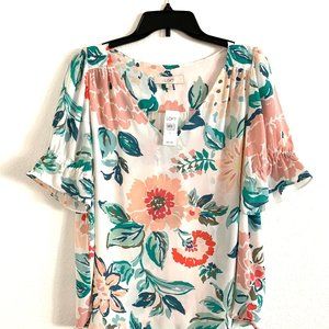 LOFT White Floral Puff Sleeve Top, Size M, NWT